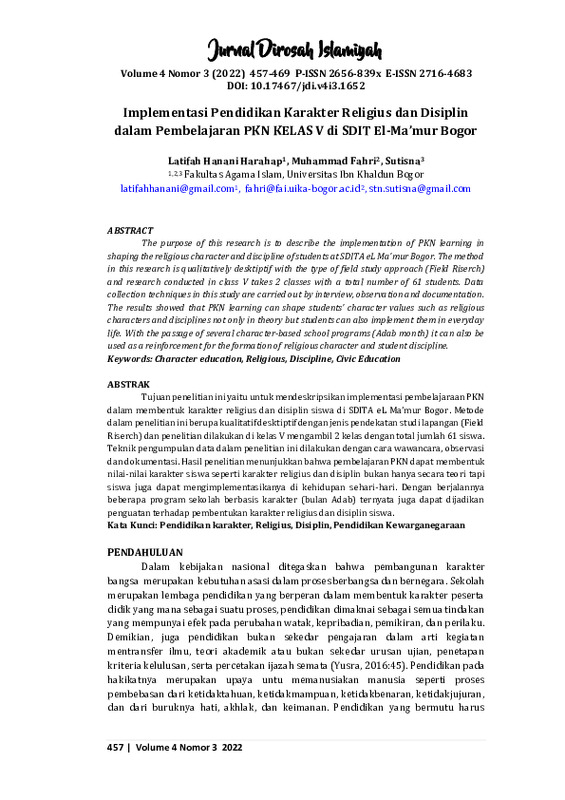 Implementasi Pendidikan Karakter Religius dan Disiplin Dalam Pembelajaran PKN KELAS V di SDIT El-Ma’mur Bogor.pdf