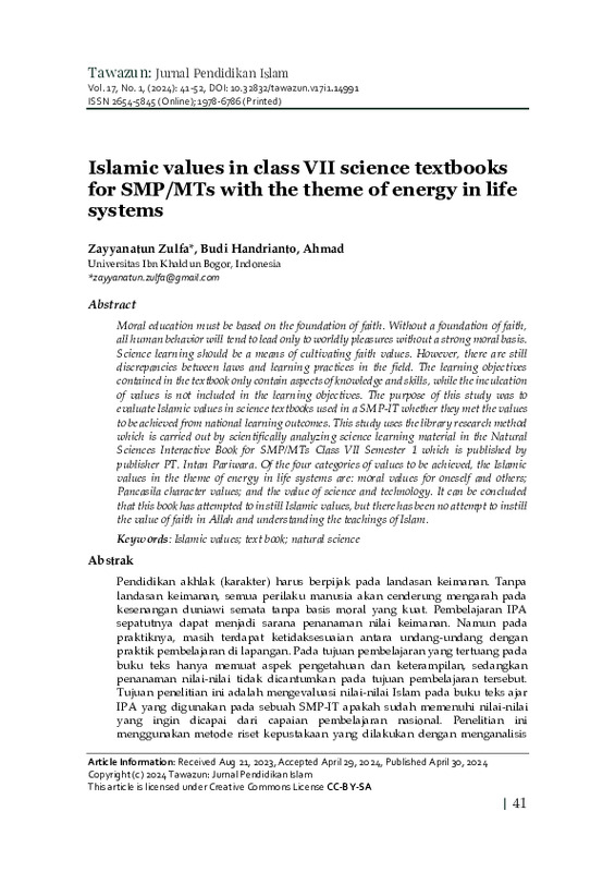 Islamic values in class VII science textbooks for SMPMTs with the theme of energy in life systems.pdf