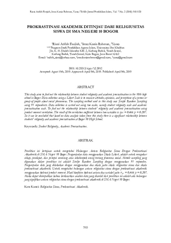 Prokrastinasi akademik ditinjau dari religiusitas siswa di SMA Negeri 10 Bogor.pdf Prokrastinasi akademik ditinjau dari religiusitas siswa di SMA Negeri 10 Bogor.pdf