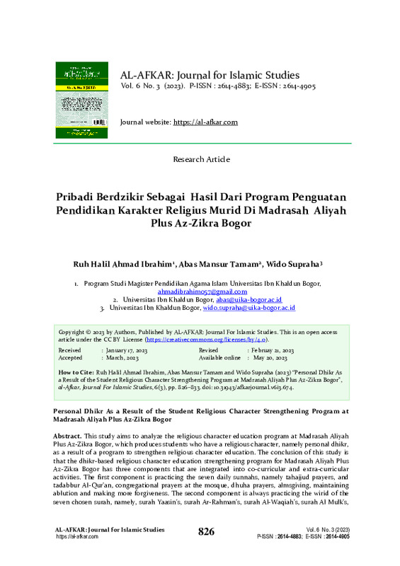 Personal Dhikr As a Result of the Student Religious Character Strengthening Program at Madrasah Aliyah Plus Az-Zikra Bogor.pdf