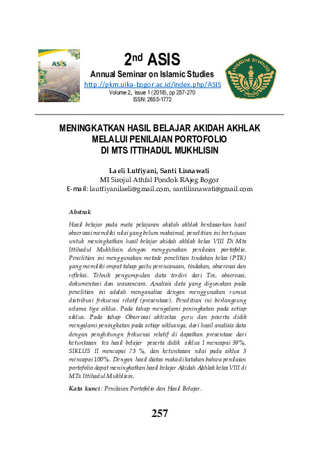 MENINGKATKAN HASIL BELAJAR AKIDAH AKHLAK MELALUI PENILAIAN PORTOFOLIO DI MTS ITTIHADUL MUKHLISIN.pdf
