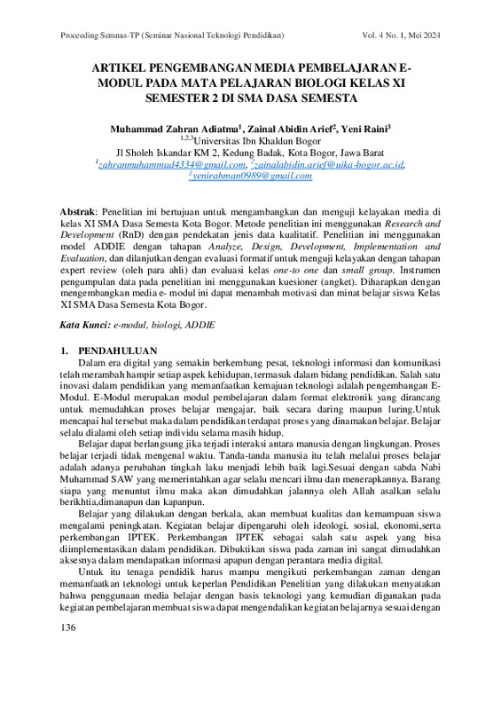 ARTIKEL PENGEMBANGAN MEDIA PEMBELAJARAN EMODUL PADA MATA PELAJARAN BIOLOGI KELAS XI SEMESTER 2 DI SMA DASA SEMESTA.pdf