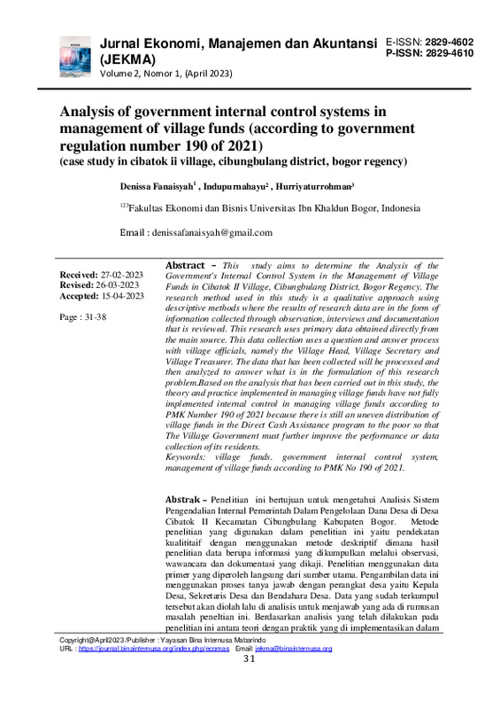 A Analysis of government internal control systems in management of village funds (according to government regulation number 190 of 2021)(case study in cibatok ii village ….pdf