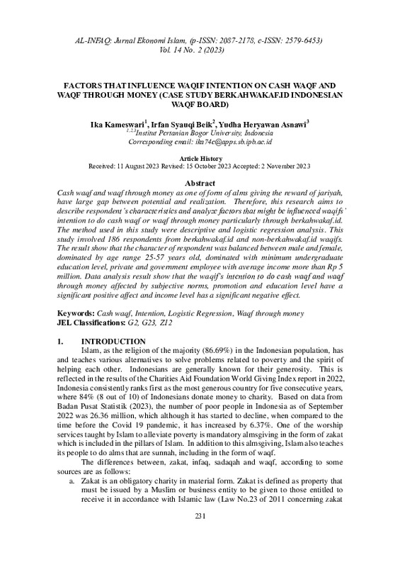 FACTORS THAT INFLUENCE WAQIF INTENTION ON CASH WAQF AND WAQF THROUGH MONEY (CASE STUDY BERKAHWAKAF. ID INDONESIAN WAQF BOARD).pdf
