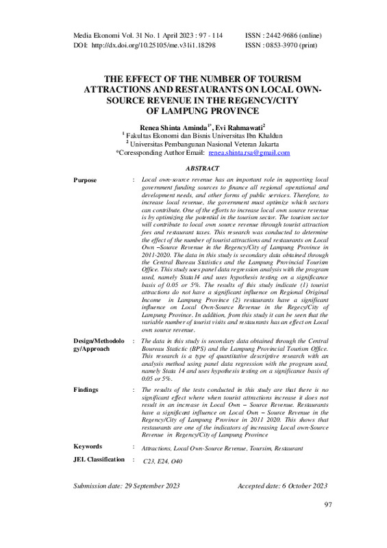 THE EFFECT OF THE NUMBER OF TOURISM ATTRACTIONS AND RESTAURANTS ON LOCAL OWN-SOURCE REVENUE IN THE REGENCYCITY OF LAMPUNG PROVINCE.pdf