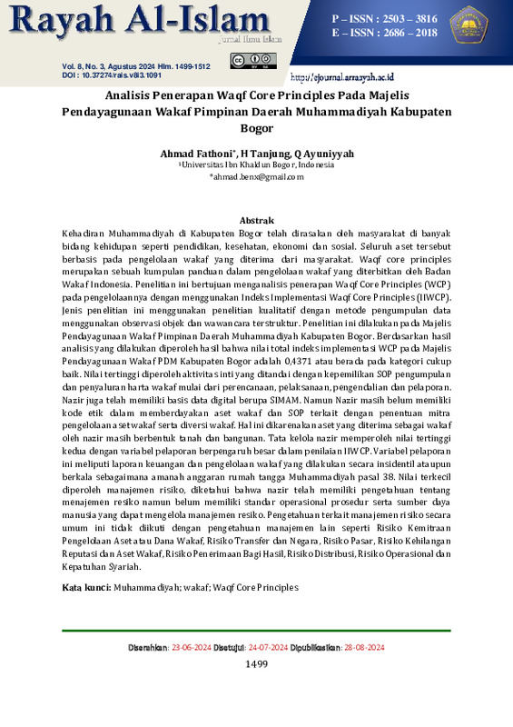 Analisis Penerapan Waqf Core Principles Pada Majelis Pendayagunaan Wakaf Pimpinan Daerah Muhammadiyah Kabupaten Bogor.pdf