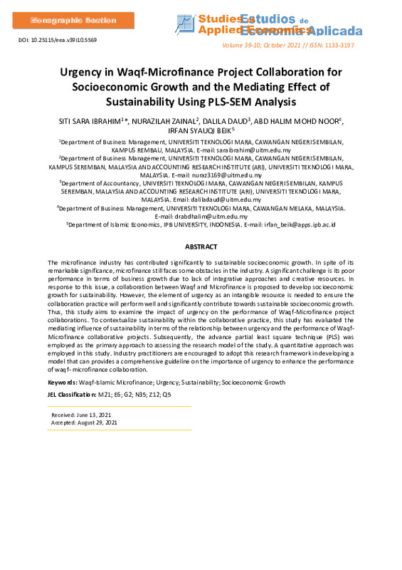 Urgency in Waqf-microfinance project collaboration for socioeconomic growth and the mediating effect of sustainability using PLS-SEM analysis.pdf Urgency in Waqf-microfinance project collaboration for socioeconomic growth and the mediating effect of sustainability using PLS-SEM analysis.pdf