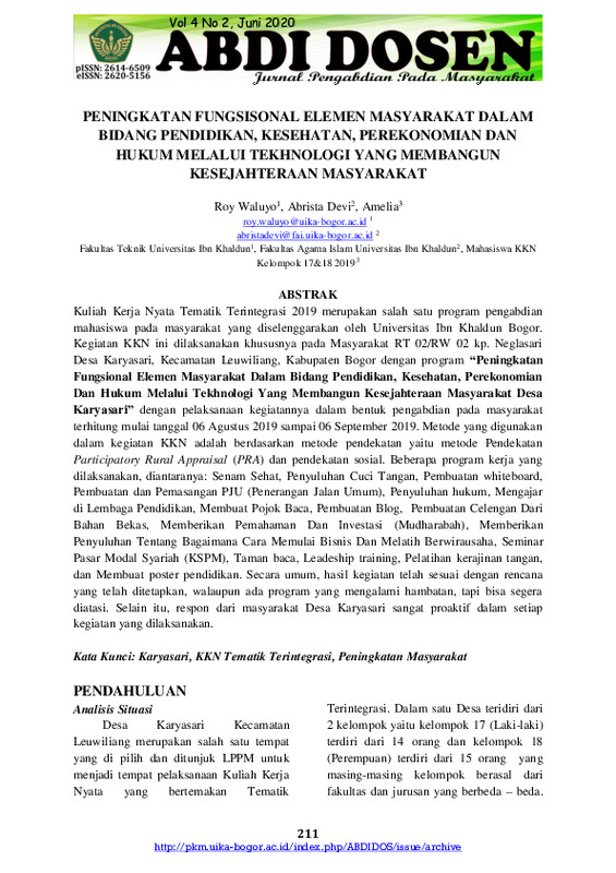 Peningkatan Fungsisonal Elemen Masyarakat Dalam Bidang Pendidikan, Kesehatan, Perekonomian Dan Hukum Melalui Tekhnologi Yang Membangun Kesejahteraan Masyarakat.pdf