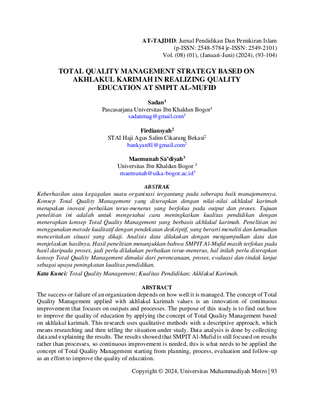 TOTAL QUALITY MANAGEMENT STRATEGY BASED ON AKHLAKUL KARIMAH IN REALIZING QUALITY EDUCATION AT SMPIT AL-MUFID.pdf TOTAL QUALITY MANAGEMENT STRATEGY BASED ON AKHLAKUL KARIMAH IN REALIZING QUALITY EDUCATION AT SMPIT AL-MUFID.pdf