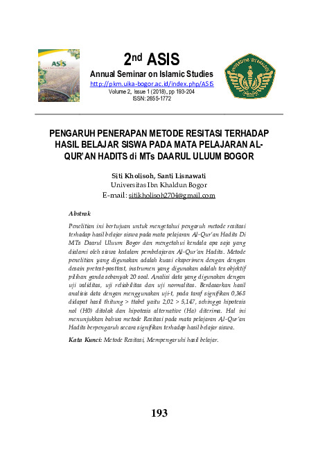 PENGARUH PENERAPAN METODE RESITASI TERHADAP HASIL BELAJAR SISWA PADA MATA PELAJARAN AL-QUR’AN HADITS di MTs DAARUL ULUUM BOGOR.pdf PENGARUH PENERAPAN METODE RESITASI TERHADAP HASIL BELAJAR SISWA PADA MATA PELAJARAN AL-QUR’AN HADITS di MTs DAARUL ULUUM BOGOR.pdf