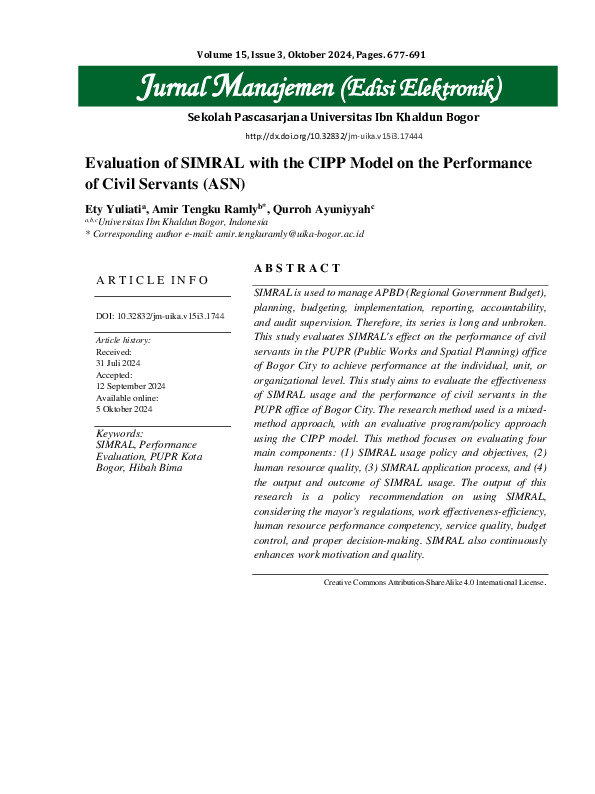 Evaluation of SIMRAL with CIPP Model on the Performance of State Civil Apparatus (ASN) Department of Public Works and Spatial Planning (PUPR) Kota Bogor.pdf Evaluation of SIMRAL with CIPP Model on the Performance of State Civil Apparatus (ASN) Department of Public Works and Spatial Planning (PUPR) Kota Bogor.pdf