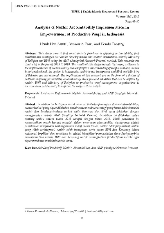 Analysis of nazhir accountability implementation in empowerment of productive waqf in Indonesia.pdf Analysis of nazhir accountability implementation in empowerment of productive waqf in Indonesia.pdf