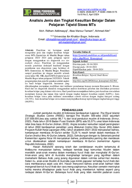 Analisis Jenis dan Tingkat Kesulitan Belajar Dalam Pelajaran Tajwid Siswa MTs Qurrotu’ain Al Maaliki.pdf
