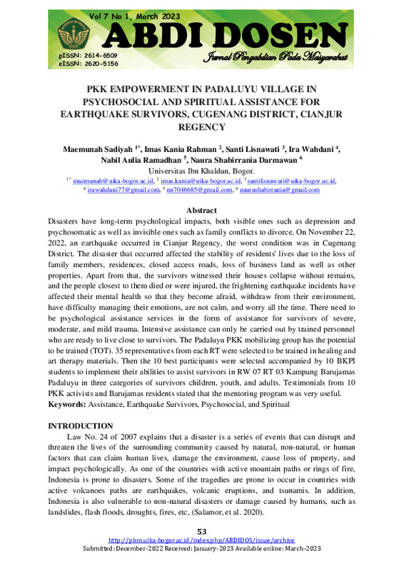 PKK EMPOWERMENT IN PADALUYU VILLAGE IN PSYCHOSOCIAL AND SPIRITUAL ASSISTANCE FOR EARTHQUAKE SURVIVORS, CUGENANG DISTRICT, CIANJUR REGENCY.pdf