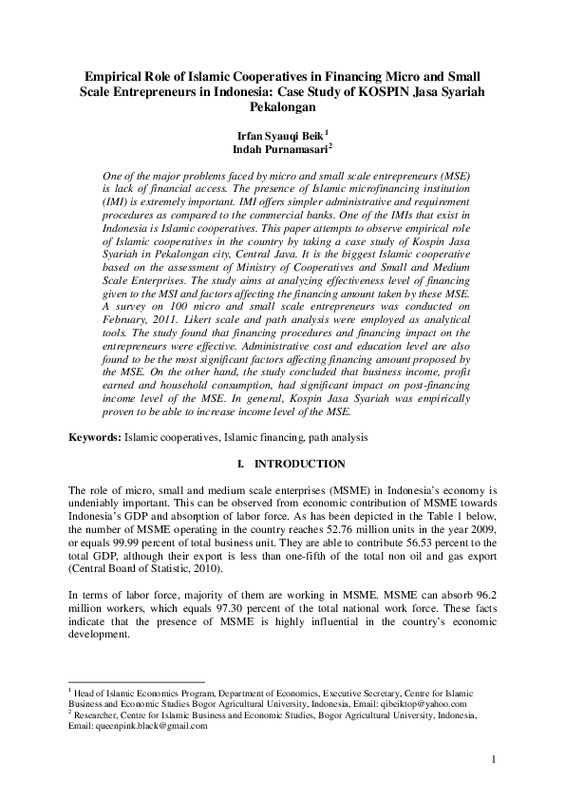 Empirical role of Islamic cooperatives in financing micro and small scale entrepreneurs in Indonesia. Case study of KOSPIN Jasa Syariah Pekalongan.pdf