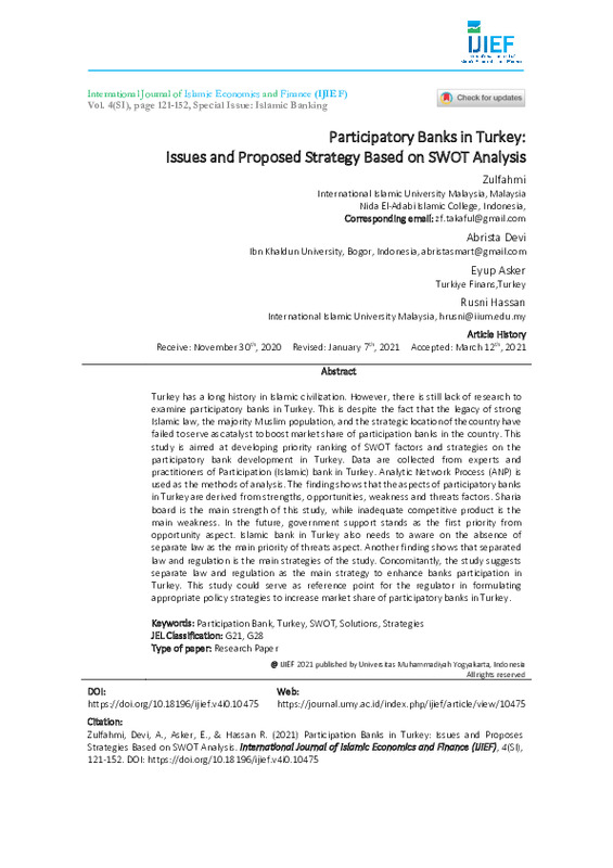 Participation Banks in Turkey Issues and Proposes Strategies Based on SWOT Analysis.pdf Participation Banks in Turkey Issues and Proposes Strategies Based on SWOT Analysis.pdf