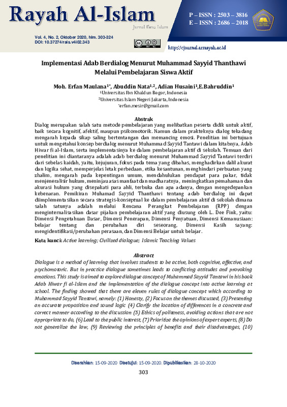 Implementasi Adab Berdialog Menurut Muhammad Sayyid Thanthawi Melalui Pembelajaran Siswa Aktif.pdf