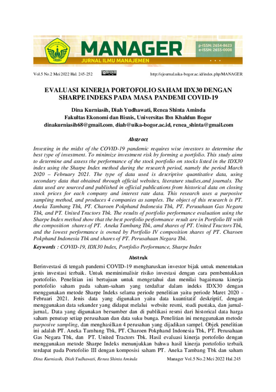 EVALUASI KINERJA PORTOFOLIO SAHAM IDX30 DENGAN SHARPE INDEKS PADA MASA PANDEMI COVID-19.pdf EVALUASI KINERJA PORTOFOLIO SAHAM IDX30 DENGAN SHARPE INDEKS PADA MASA PANDEMI COVID-19.pdf
