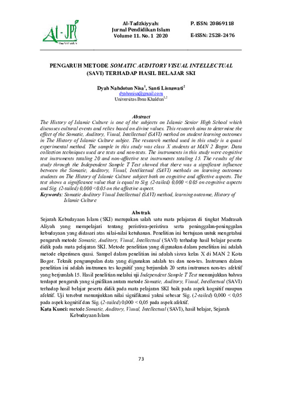 Pengaruh metode somatic auditory visual intellectual (Savi) terhadap hasil belajar SKI.pdf Pengaruh metode somatic auditory visual intellectual (Savi) terhadap hasil belajar SKI.pdf