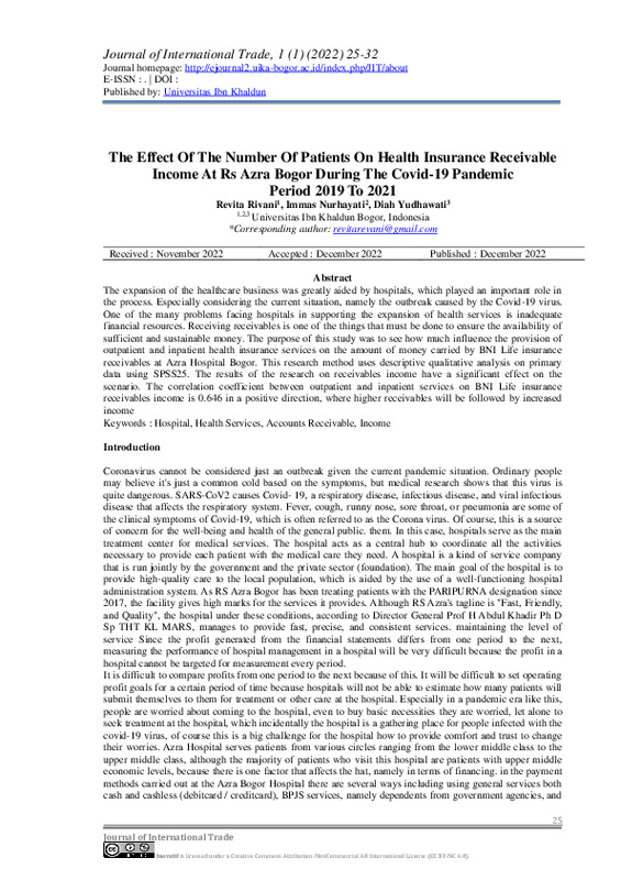 The Effect Of The Number Of Patients On Health Insurance Receivable Income At Rs Azra Bogor During The Covid-19 Pandemic Period 2019 To 2021.pdf The Effect Of The Number Of Patients On Health Insurance Receivable Income At Rs Azra Bogor During The Covid-19 Pandemic Period 2019 To 2021.pdf