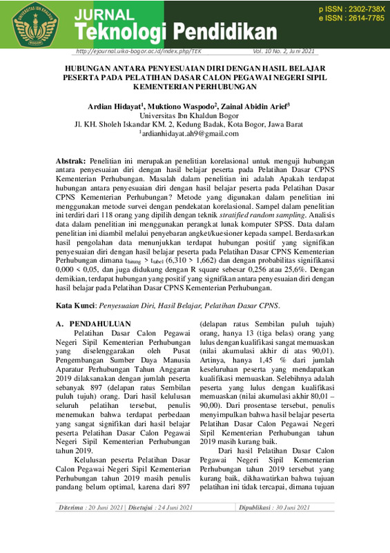 HUBUNGAN ANTARA PENYESUAIAN DIRI DENGAN HASIL BELAJAR PESERTA PADA PELATIHAN DASAR CALON PEGAWAI NEGERI SIPIL KEMENTERIAN PERHUBUNGAN.pdf