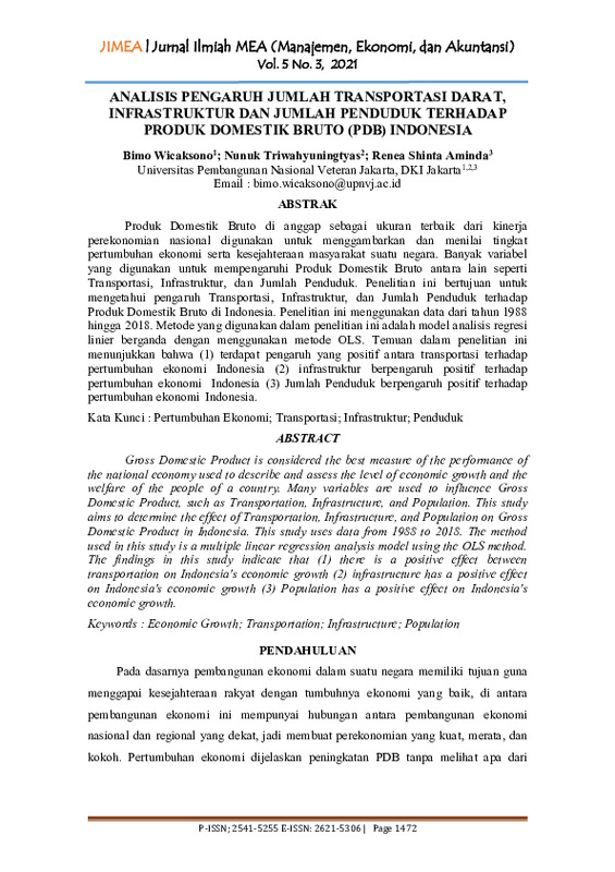 Analisis pengaruh jumlah transportasi darat, infrastruktur dan jumlah penduduk terhadap produk domestik bruto (PDB) Indonesia.pdf
