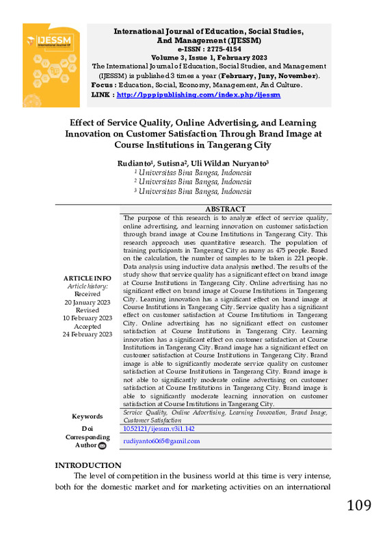 Effect of Service Quality, Online Advertising, and Learning Innovation on Customer Satisfaction Through Brand Image at Course Institutions in Tangerang City.pdf