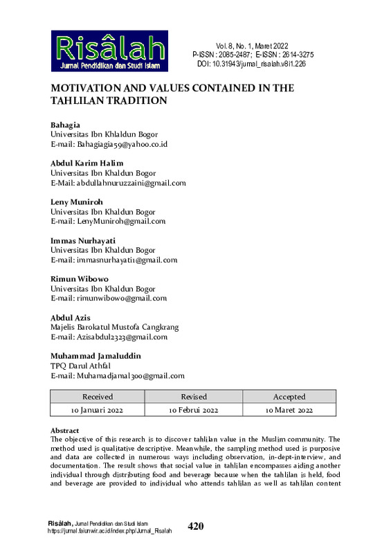 Motivation And Values Contained In The Tahlilan Tradition.pdf Motivation And Values Contained In The Tahlilan Tradition.pdf