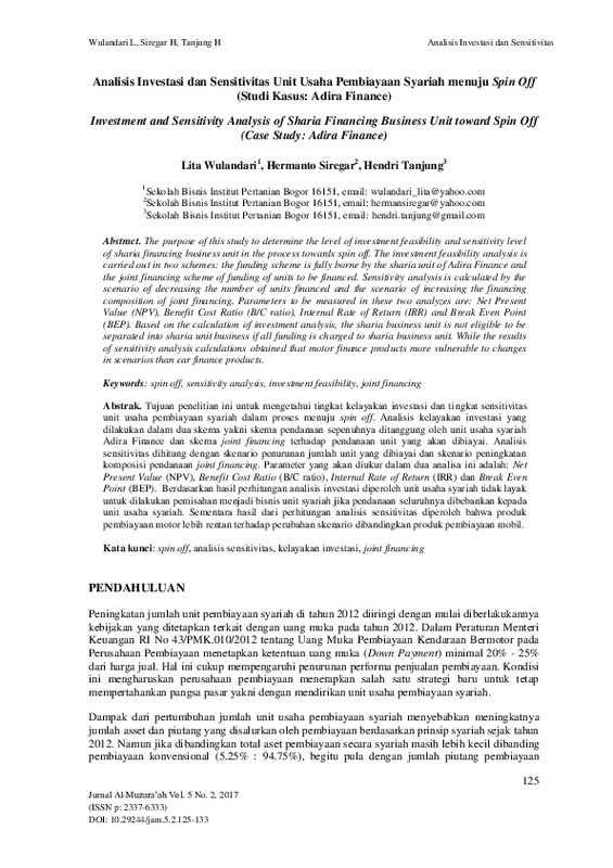 Analisis Investasi dan Sensitivitas Unit Usaha Pembiayaan Syariah menuju Spin Off.pdf Analisis Investasi dan Sensitivitas Unit Usaha Pembiayaan Syariah menuju Spin Off.pdf