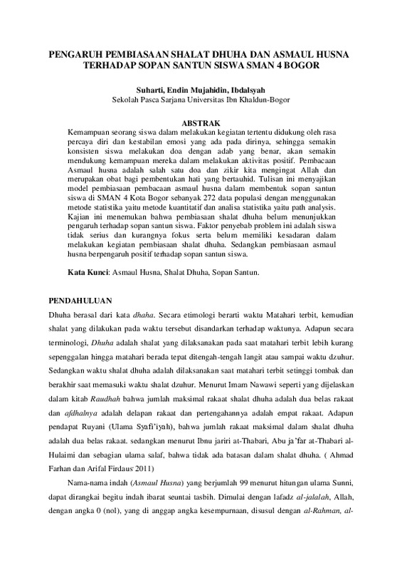 PENGARUH PEMBIASAAN SHALAT DHUHA DAN ASMAUL HUSNA TERHADAP SOPAN SANTUN SISWA SMAN 4 BOGOR.pdf