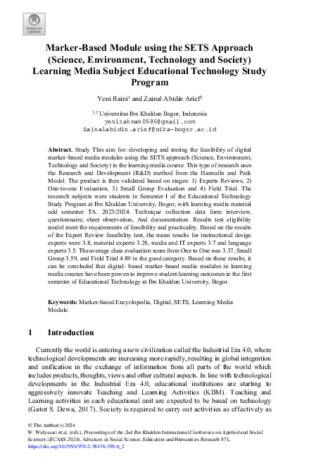 Marker-Based Module using the SETS Approach (Science, Environment, Technology and Society) Learning Media Subject Educational Technology Study.pdf Marker-Based Module using the SETS Approach (Science, Environment, Technology and Society) Learning Media Subject Educational Technology Study.pdf