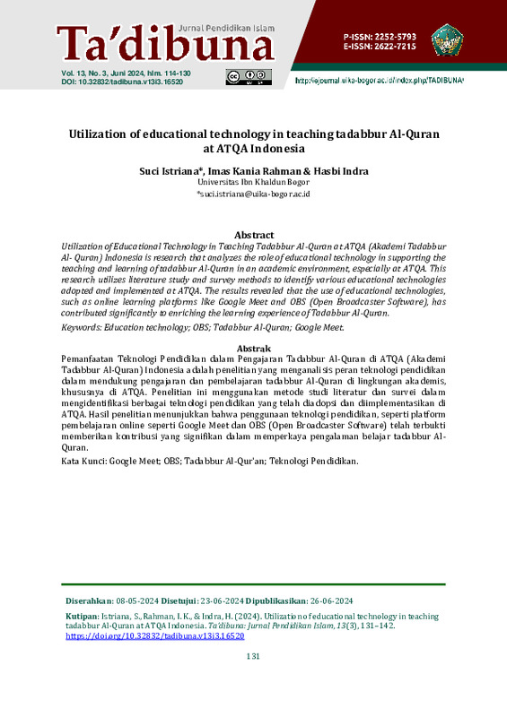 Utilization of educational technology in teaching tadabbur Al-Quran at ATQA Indonesia.pdf