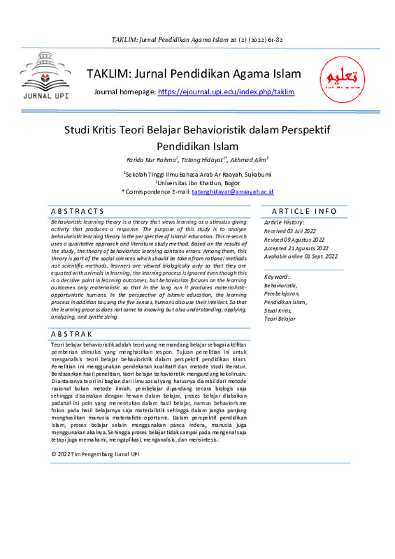 Studi Kritis Teori Belajar Behavioristik Dalam Perspektif Pendidikan Islam.pdf