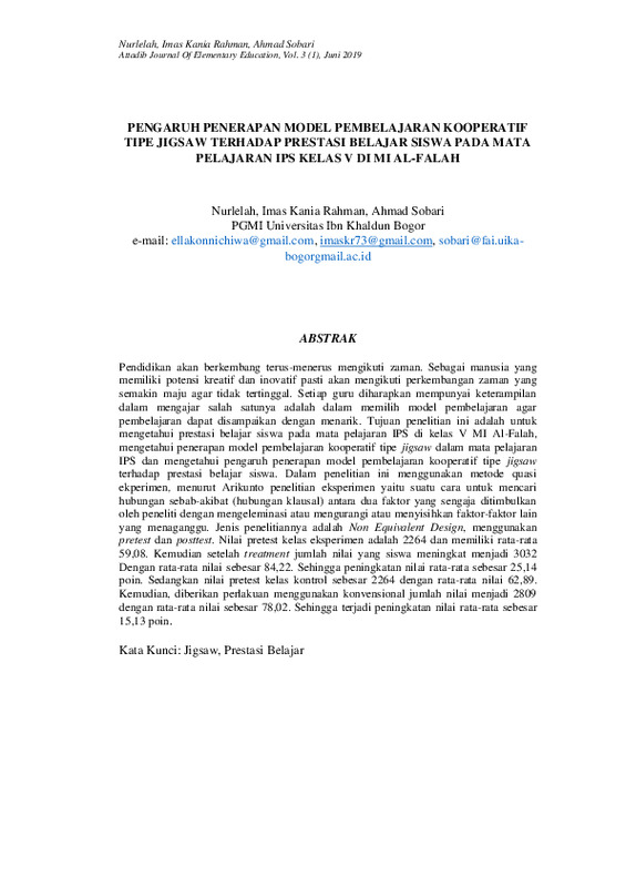 PENGARUH PENERAPAN MODEL PEMBELAJARAN KOOPERATIF TIPE JIGSAW TERHADAP PRESTASI BELAJAR SISWA PADA MATA PELAJARAN IPS KELAS V DI MI AL-FALAH.pdf