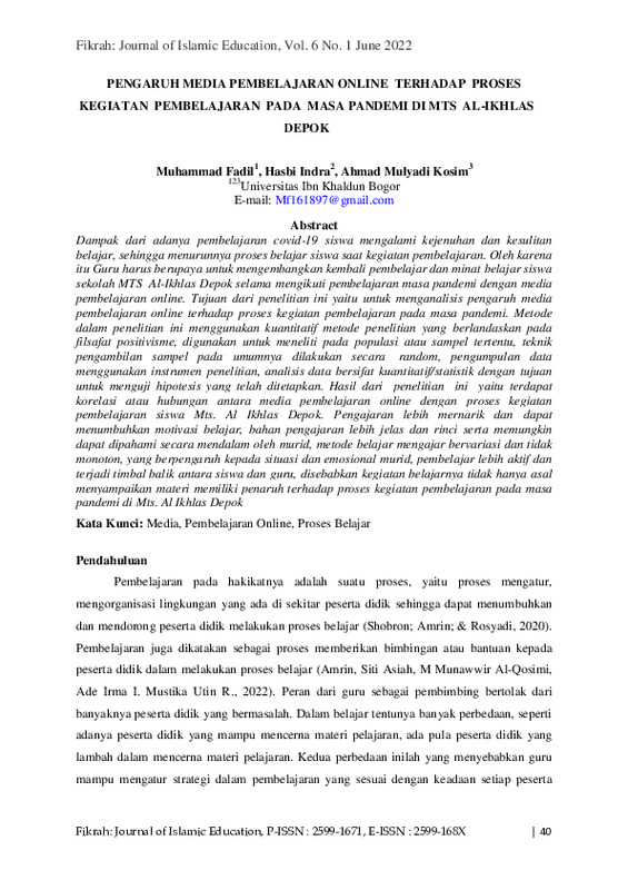 PENGARUH MEDIA PEMBELAJARAN ONLINE TERHADAP PROSES KEGIATAN PEMBELAJARAN PADA MASA PANDEMI DI MTS AL-IKHLAS DEPOK.pdf