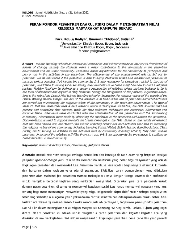 PERAN PONDOK PESANTREN DAARUL FIKRI DALAM MENINGKATKAN NILAI RELIGIUS MASYARAKAT KAMPUNG BEKASI.pdf