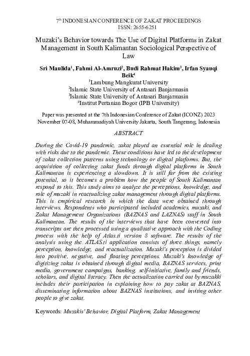 Muzaki’s Behavior towards The Use of Digital Platforms in Zakat Management in South Kalimantan Sociological Perspective of Law.pdf Muzaki’s Behavior towards The Use of Digital Platforms in Zakat Management in South Kalimantan Sociological Perspective of Law.pdf