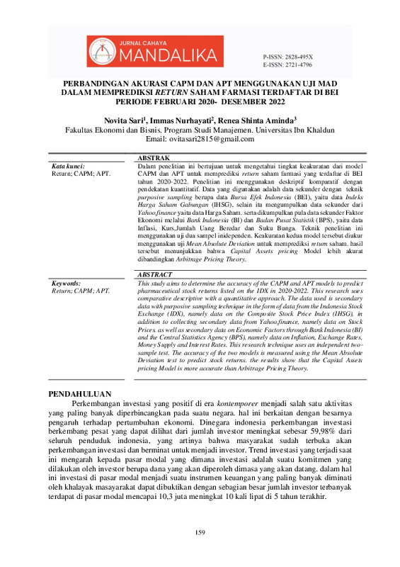 PERBANDINGAN AKURASI CAPM DAN APT MENGGUNAKAN UJI MAD DALAM MEMPREDIKSI RETURN SAHAM FARMASI TERDAFTAR DI BEI PERIODE FEBRUARI 2020-DESEMBER 2022.pdf PERBANDINGAN AKURASI CAPM DAN APT MENGGUNAKAN UJI MAD DALAM MEMPREDIKSI RETURN SAHAM FARMASI TERDAFTAR DI BEI PERIODE FEBRUARI 2020-DESEMBER 2022.pdf