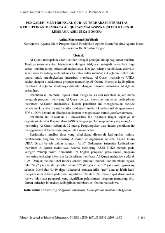 PENGARUH MENTORING AL QUR’AN TERHADAP INTENSITAS KEDISIPLINAN MEMBACA AL QUR’AN MAHASISWA (STUDI KASUS DI LEMBAGA ASKI UIKA BOGOR).pdf PENGARUH MENTORING AL QUR’AN TERHADAP INTENSITAS KEDISIPLINAN MEMBACA AL QUR’AN MAHASISWA (STUDI KASUS DI LEMBAGA ASKI UIKA BOGOR).pdf