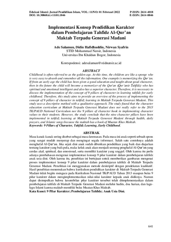 Implementasi Konsep Pendidikan Karakter dalam Pembelajaran Tahfidz Al-Qurâ€™ an Maktab Terpadu Generasi Madani.pdf