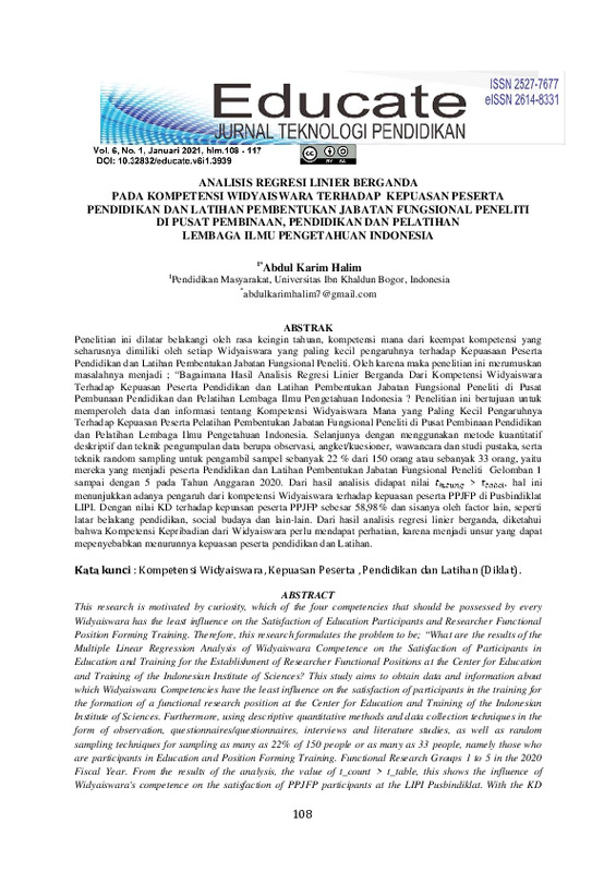 ANALISIS REGRESI LINIER BERGANDA PADA KOMPETENSI WIDYAISWARA TERHADAP KEPUASAN PESERTA PENDIDIKAN DAN LATIHAN PEMBENTUKAN JABATAN FUNGSIONAL PENELITI DI PUSAT PEMBINAAN ….pdf ANALISIS REGRESI LINIER BERGANDA PADA KOMPETENSI WIDYAISWARA TERHADAP KEPUASAN PESERTA PENDIDIKAN DAN LATIHAN PEMBENTUKAN JABATAN FUNGSIONAL PENELITI DI PUSAT PEMBINAAN ….pdf