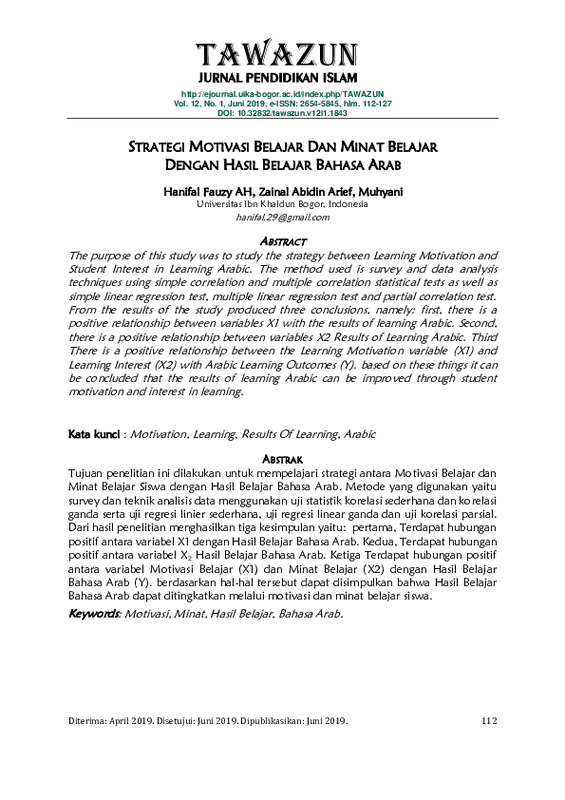 Strategi motivasi belajar dan minat belajar dengan hasil belajar Bahasa Arab.pdf