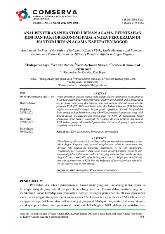Analisis Peranan Kantor Urusan Agama (KUA), Pernikahan Dini dan Faktor Ekonomi pada Angka Perceraian di Kantor Urusan Agama Kabupaten Bogor.pdf