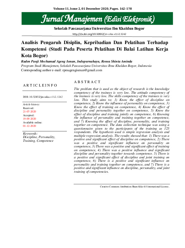 Analisis Pengaruh Disiplin, Kepribadian dan Pelatihan Terhadap Kompetensi (Studi Pada Peserta Pelatihan Di Balai Latihan Kerja Kota Bogor).pdf