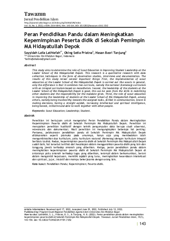 Peran pendidikan pandu dalam meningkatkan kepemimpinan peserta didik di Sekolah Pemimpin MA Hidayatullah Depok.pdf