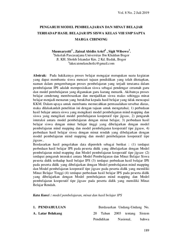 Pengaruh Model Pembelajaran dan Minat Belajar Terhadap Hasil Belajar IPS Siswa kelas VIII SMP Sapta Marga Cibinong.pdf Pengaruh Model Pembelajaran dan Minat Belajar Terhadap Hasil Belajar IPS Siswa kelas VIII SMP Sapta Marga Cibinong.pdf