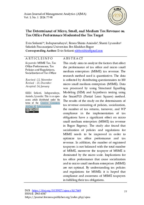 The Determinant of Micro, Small, and Medium Tax Revenue on Tax Office Performance Moderated the Tax Target.pdf The Determinant of Micro, Small, and Medium Tax Revenue on Tax Office Performance Moderated the Tax Target.pdf