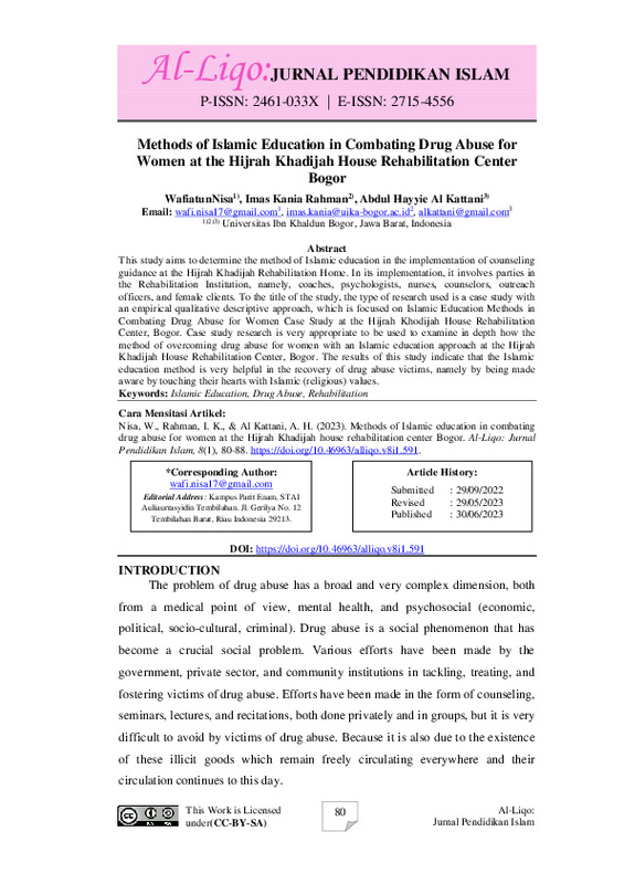 Methods of Islamic Education in Combating Drug Abuse for Women at the Hijrah Khadijah House Rehabilitation Center Bogor.pdf
