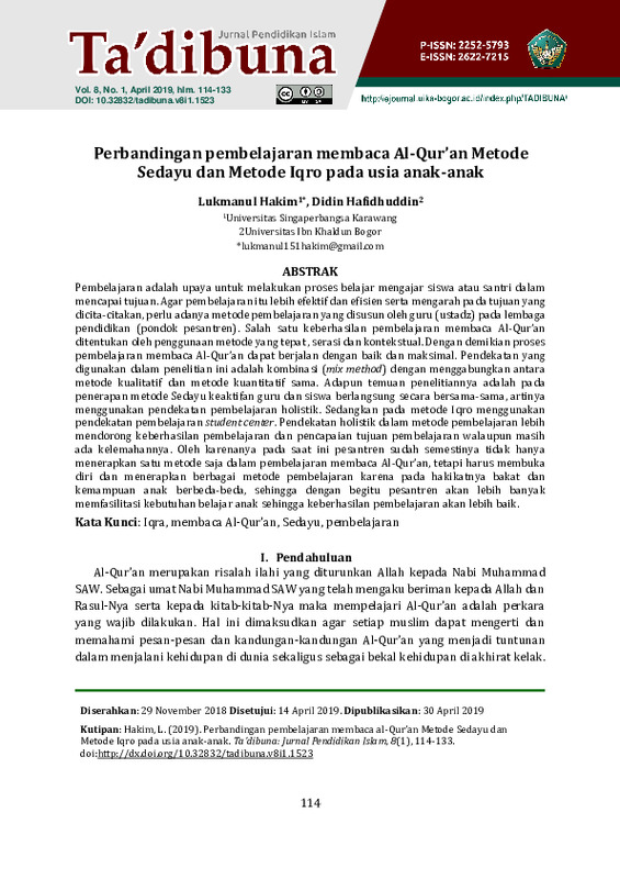 Perbandingan pembelajaran membaca Al-Qur’an Metode Sedayu dan Metode Iqro pada usia anak-anak.pdf Perbandingan pembelajaran membaca Al-Qur’an Metode Sedayu dan Metode Iqro pada usia anak-anak.pdf