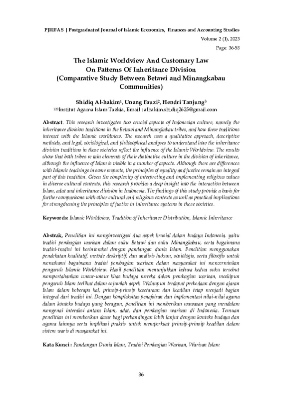 The Islamic Worldview And Customary Law On Patterns Of Inheritance Division Comparative Study Between Betawi and Minangkabau Communities.pdf